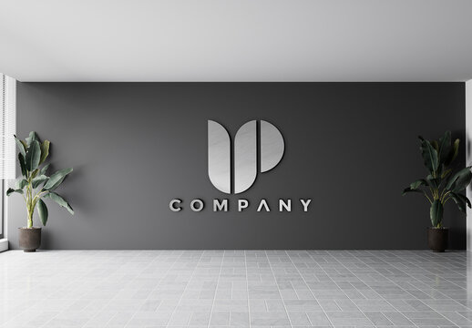 3D Metallic Logo Wall Mockup in Modern Office Interior
