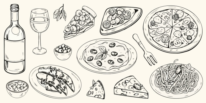 hand drawn sketch collection of italian food items pizza pasta wine bottle
