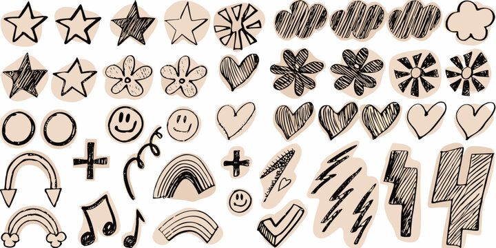 hand drawn doodle elements on beige background stars flowers hearts smiley faces