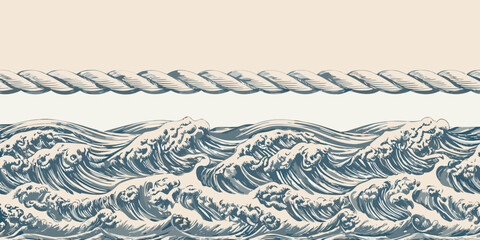 ocean waves with rope border retro illustration vintage nautical seascape marine water © Tapas