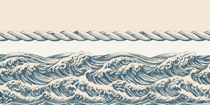 ocean waves with rope border retro illustration vintage nautical seascape marine water