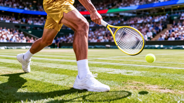 Tennis player in yellow shorts running on grass court with competition movement determination recreation lifestyle strategy forehand backhand daylight spectators championship professional