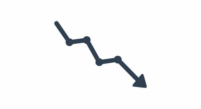 A dark blue line graph with dots trends downwards, ending in an arrow