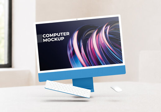 Floating Desktop Computer Mockup in Minimal Interior Scene