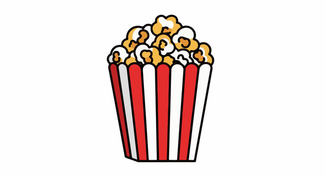 A cartoon illustration of a bucket of popcorn with red and white stripes