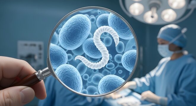 Magnifying glass reveals white worm among blue spherical cells in operating room microscope