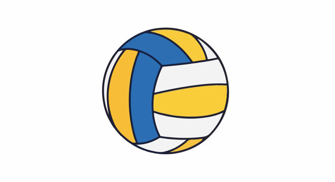 A cartoon illustration of a volleyball with panels of blue, yellow, and white