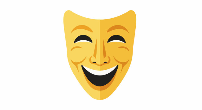 A bright yellow theatrical mask with a wide, joyous smile