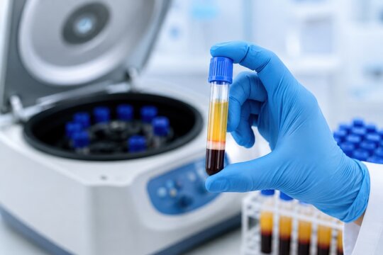 Centrifuged blood tube showing plasma separation for PRP, PRF, PPP and CGF preparation, representing regenerative medicine, autologous therapies, laboratory processing and aesthetic treatment protocol