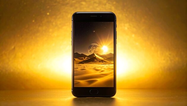 Modern Black Smartphone Displaying Glowing Desert Landscape Against Golden Background