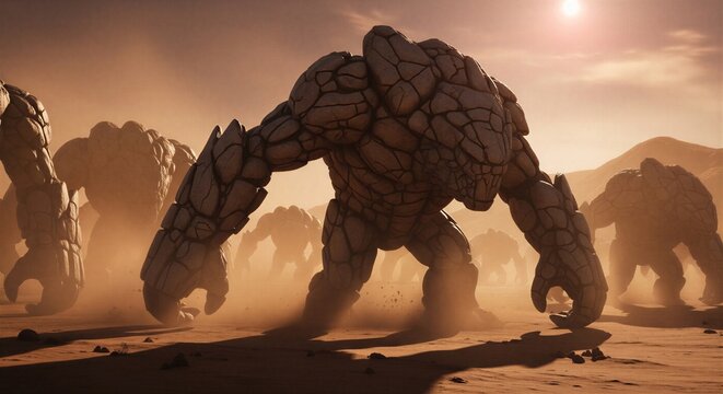 Army of Colossal Stone Golems Marching Through a Vast Desert Amidst Dust Storms and Scorching Sunlight