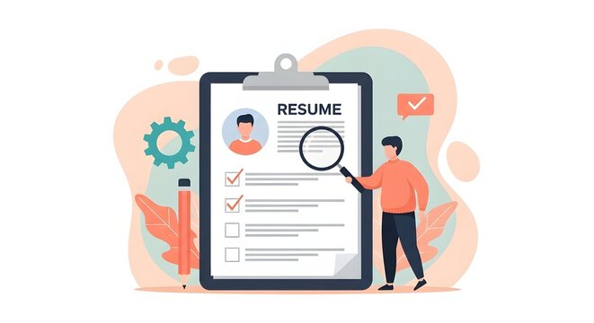 Man examines resume with magnifying glass on clipboard near pencil and gear search