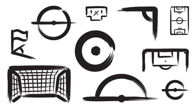 Hand drawn soccer field elements and goal net for sports graphics and designs.