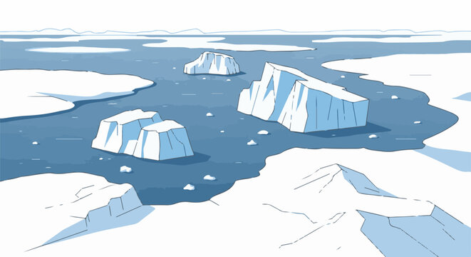 Arctic waters dotted with icebergs and scattered floes under a hazy sky