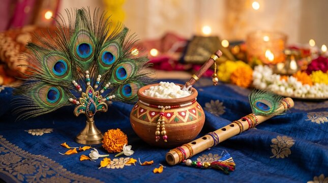 Krishna Janmashtami Peacock Feather Butter Pot on Royal Blue Silk