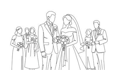 Wedding party stands together in formal attire on joyful occasion © Stock Image Paradise