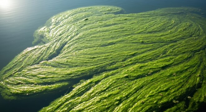 Swirling, vibrant green algae blooms atop a body of water, capturing sunlight