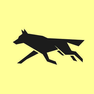 Geometric wolf silhouette running against a yellow background
