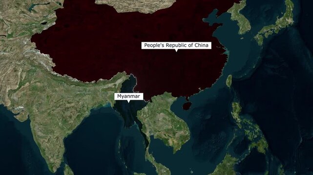 Satellite map animation illustrating the border between Peoples Republic of China and Myanmar highlighting Southeast Asian geopolitics for news broadcast