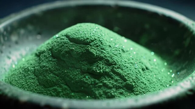 Vibrant green spirulina powder in a dark stone bowl