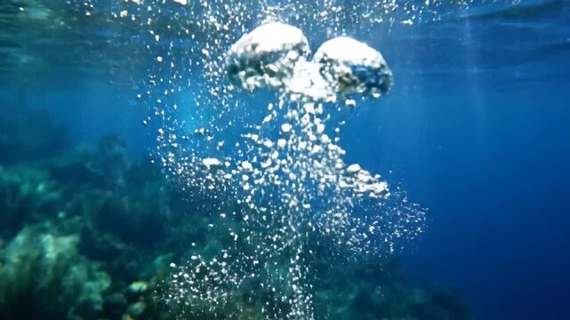 Underwater view of bubbling air rising to the surface, showing marine life and clear ocean water