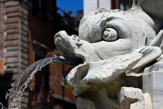 carved stone sculpture, water spout, fountain and scupper. public square in Rome, Italy. bright summer day. blurred old building facade in a distance. elegant artistic carving. art, travel and tourism