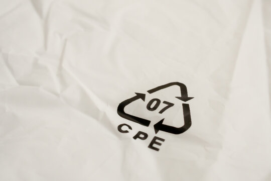 Recycle symbol 07 CPE on white plastic bag, environmental conservation and plastic waste concept