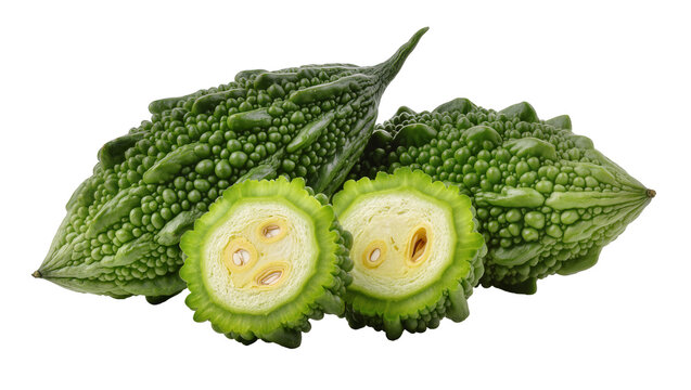 Green bitter melon gourds, one cut in half showing seeds and pulp