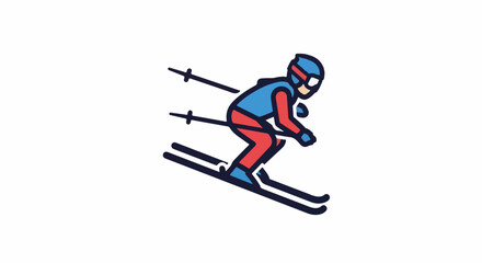 Obraz premium A cartoon skier in blue and red gear races down a slope with poles