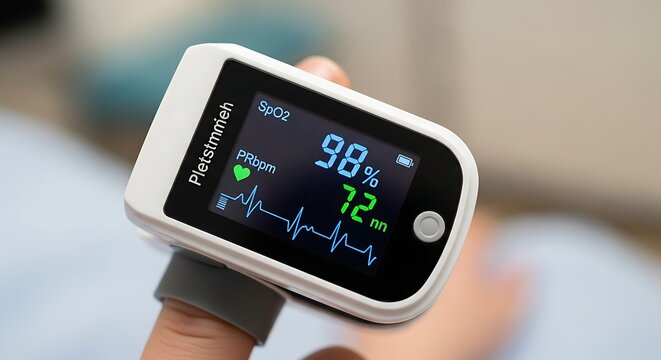 Digital Pulse Oximeter Showing Oxygen and Pulse Readings on Fingertip Indoors