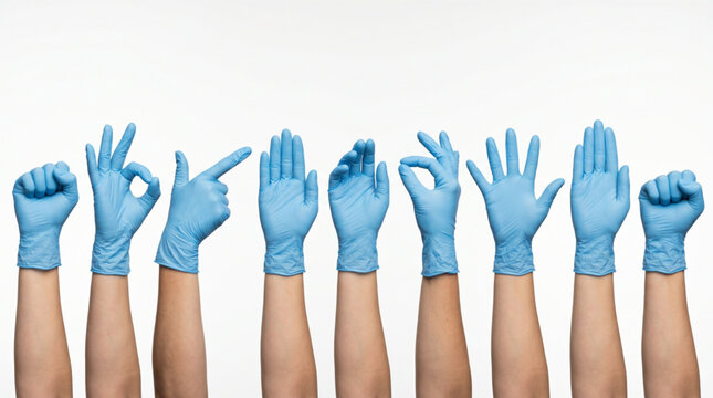 Set of diverse hands in blue nitrile medical gloves showing various gestures like fist, okay sign, and open palm isolated on white background.