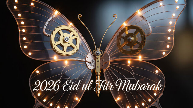 Butterfly ornament constructed from golden clockwork gears and glowing lights serves as a festive decoration for the upcoming 2026 Eid ul Fitr celebration for families and communities worldwide.
