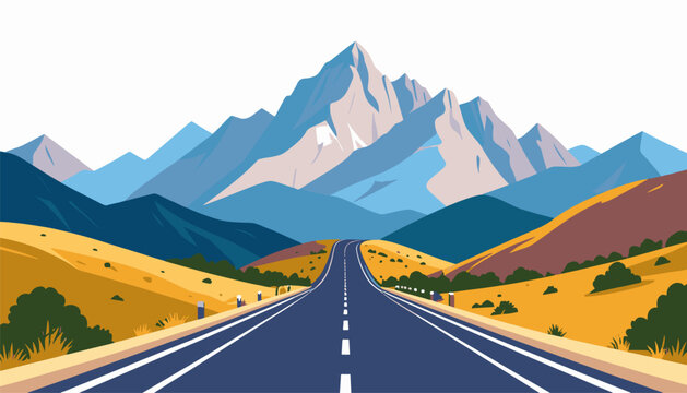 A winding road leads towards majestic, snow-capped mountains under a clear sky