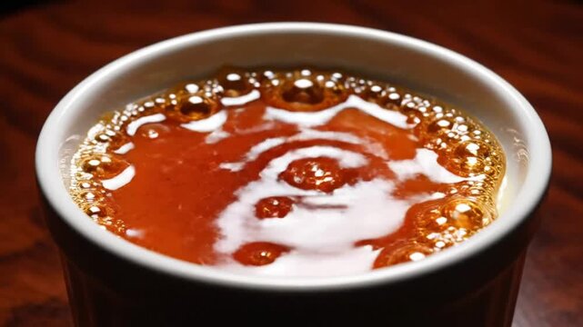 Torching sugar on creme br&Atilde;&raquo;l&Atilde;&copy;e to create a caramelized, golden crust in a white ramekin on a dark wood table