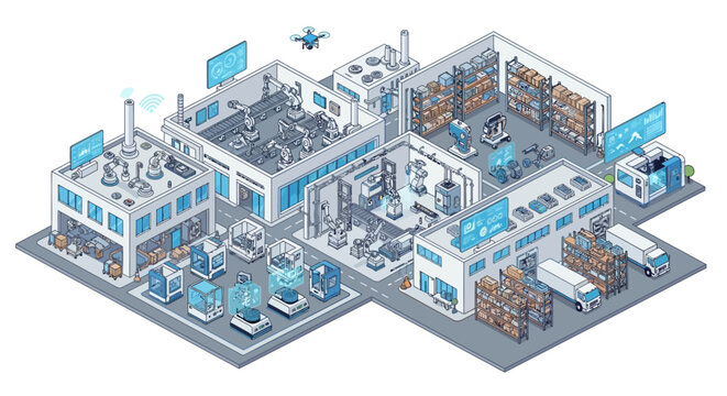 Isometric view of a smart factory with automated production lines and logistics.