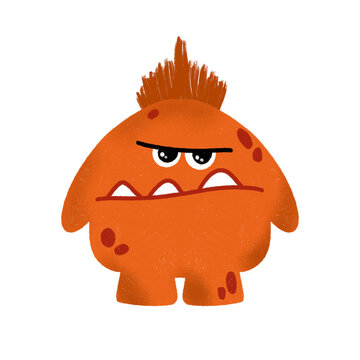 Cute orange monster character, funny angry creature with grumpy face, digital illustration