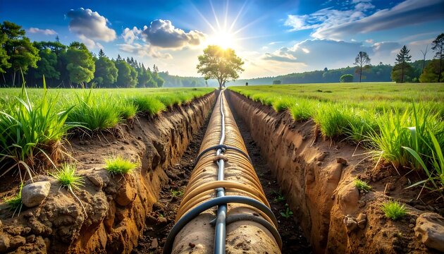 Long Underground Pipeline Running Through Green Agricultural Field at Sunrise