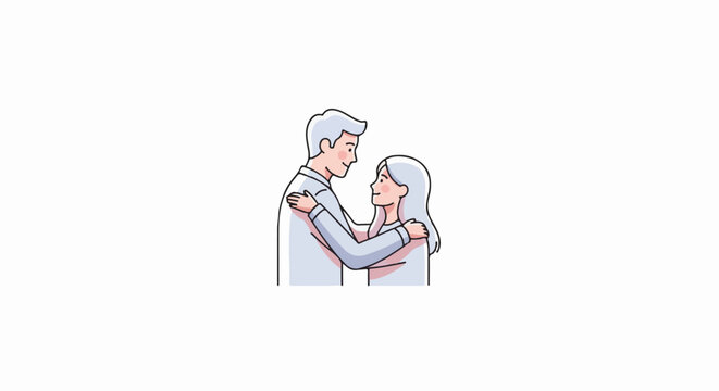A couple embraces, looking affectionately at each other with smiles