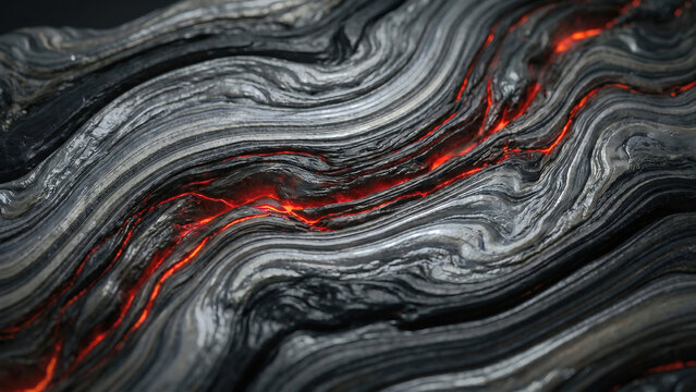 Abstract macro background of dark swirled stone texture with glowing red magma veins. Volcanic igneous rock flow with vibrant orange heat. Conceptual energy and geological power.