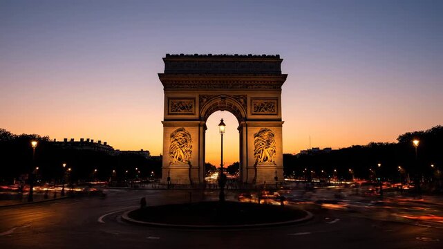 Famous arch silhouette at dusk with car light trails in a city