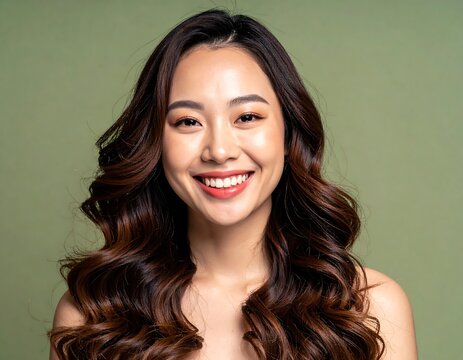 Smiling Young Woman with Long Wavy Hair in Green Studio Portrait