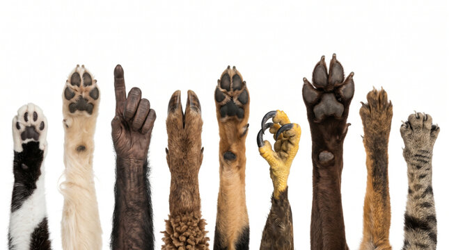 Set of various animal paws and a primate hand in a row pointing up on a white background including domestic pets wildlife bird talon and hoof.