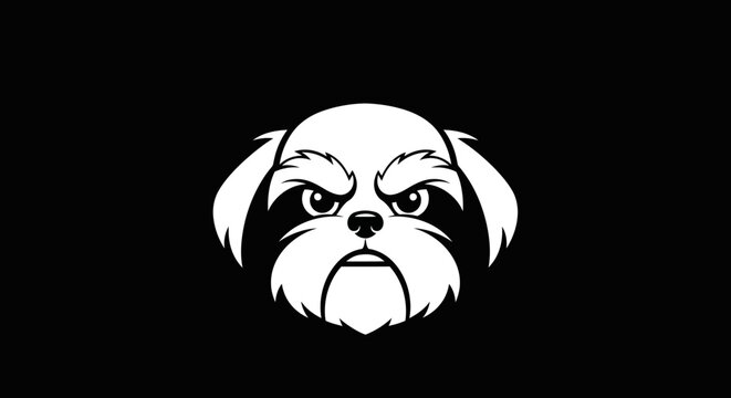 Grumpy white shih tzu dog head icon on black background