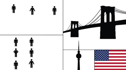Black and white vector silhouettes featuring Brooklyn Bridge, Berlin TV Tower, US flag, and business stick figures © Miss