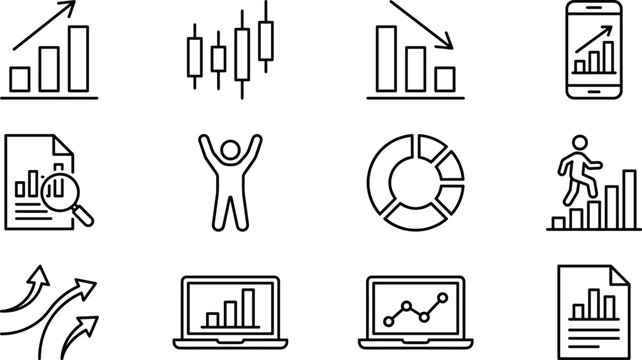 Collection of business and finance line icons depicting different types of charts and graphs.