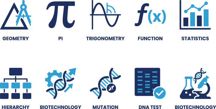 Collection of icons showing geometry pi trigonometry function statistics biotechnology mutation dna tests.