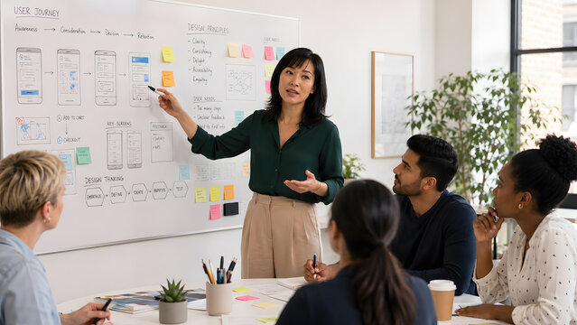 Creative woman head of product design leading design strategy meeting