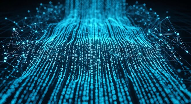 Glowing Blue Binary Data Stream Flowing Through Abstract Digital Network