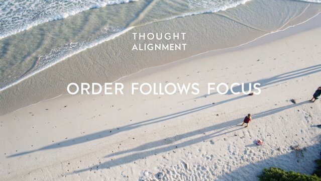 Thought alignment concept with shadows on a sandy beach, illustrating the principle that order follows focus in personal and professional development