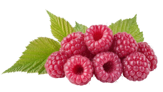 Ripe red raspberries with green leaves